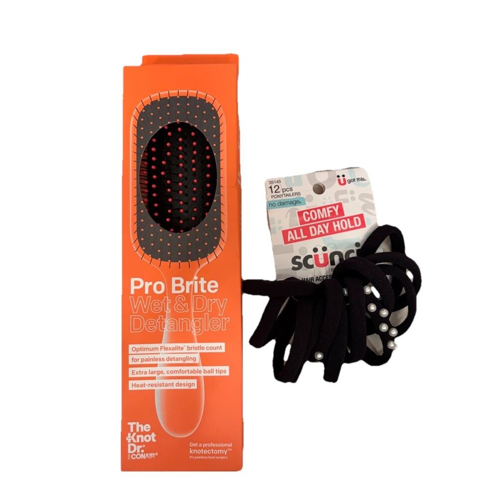 Knot Dr Pro Brite Wet Dry Detangler Brush + Scunci Ponytailers 12pc Black Set